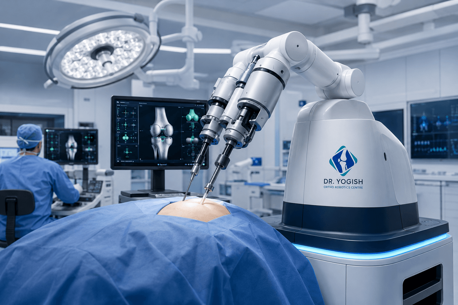 Robot-assisted knee replacement in theatre: a robotic arm working to a 3D surgical plan shown on the monitors behind