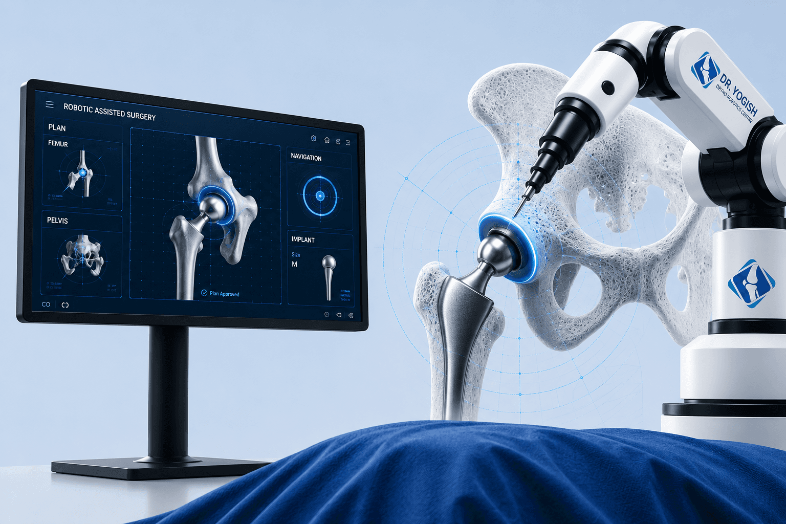 Robot-assisted hip replacement planned in 3D, with femur, pelvis, navigation and implant size shown on the planning console
