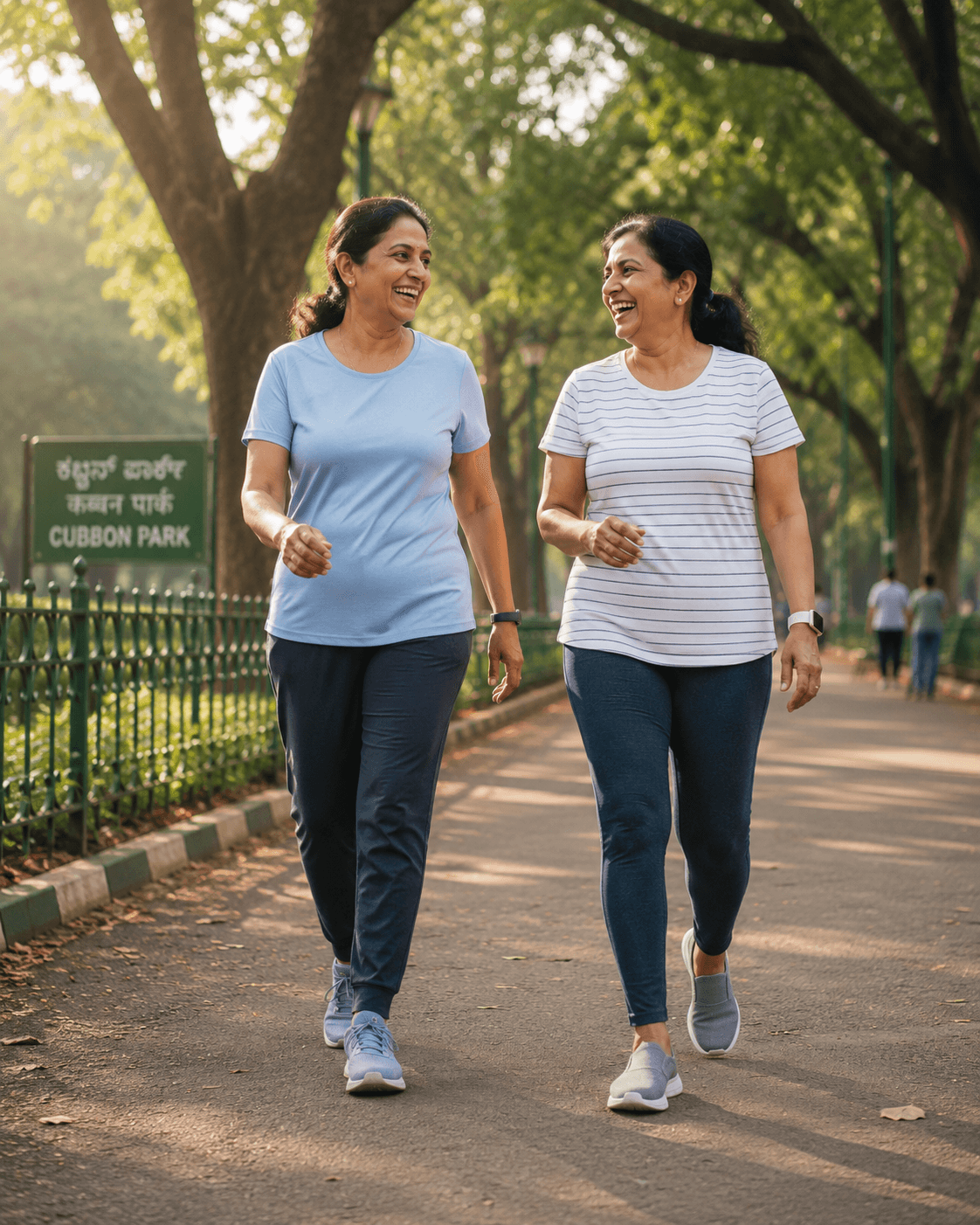 Two women walking together in Cubbon Park, Bengaluru, on a morning walk